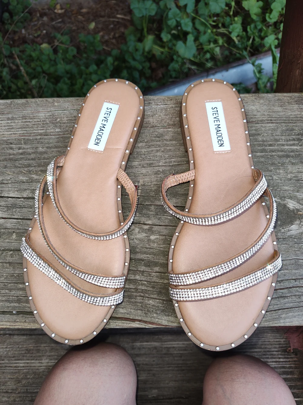 Steve Madden Rose Gold Crystal-Strap Slide Sandals
